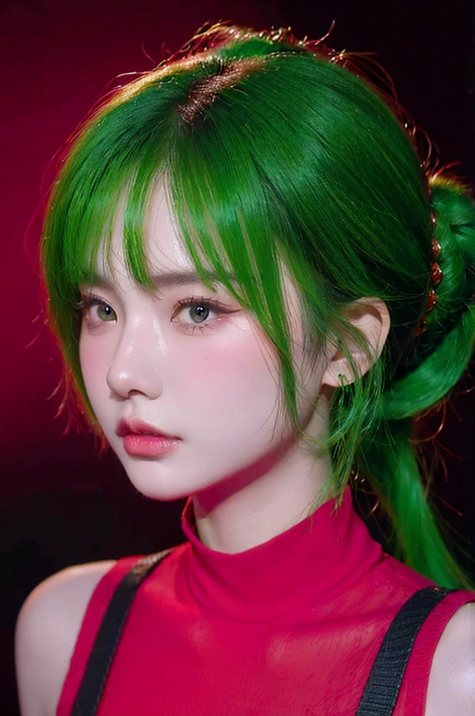 HDR, UHD,8K, face High Quality, nokiapretty, red color sweather, (((black background 8k))), Braided bun hait, greenhair, cyber