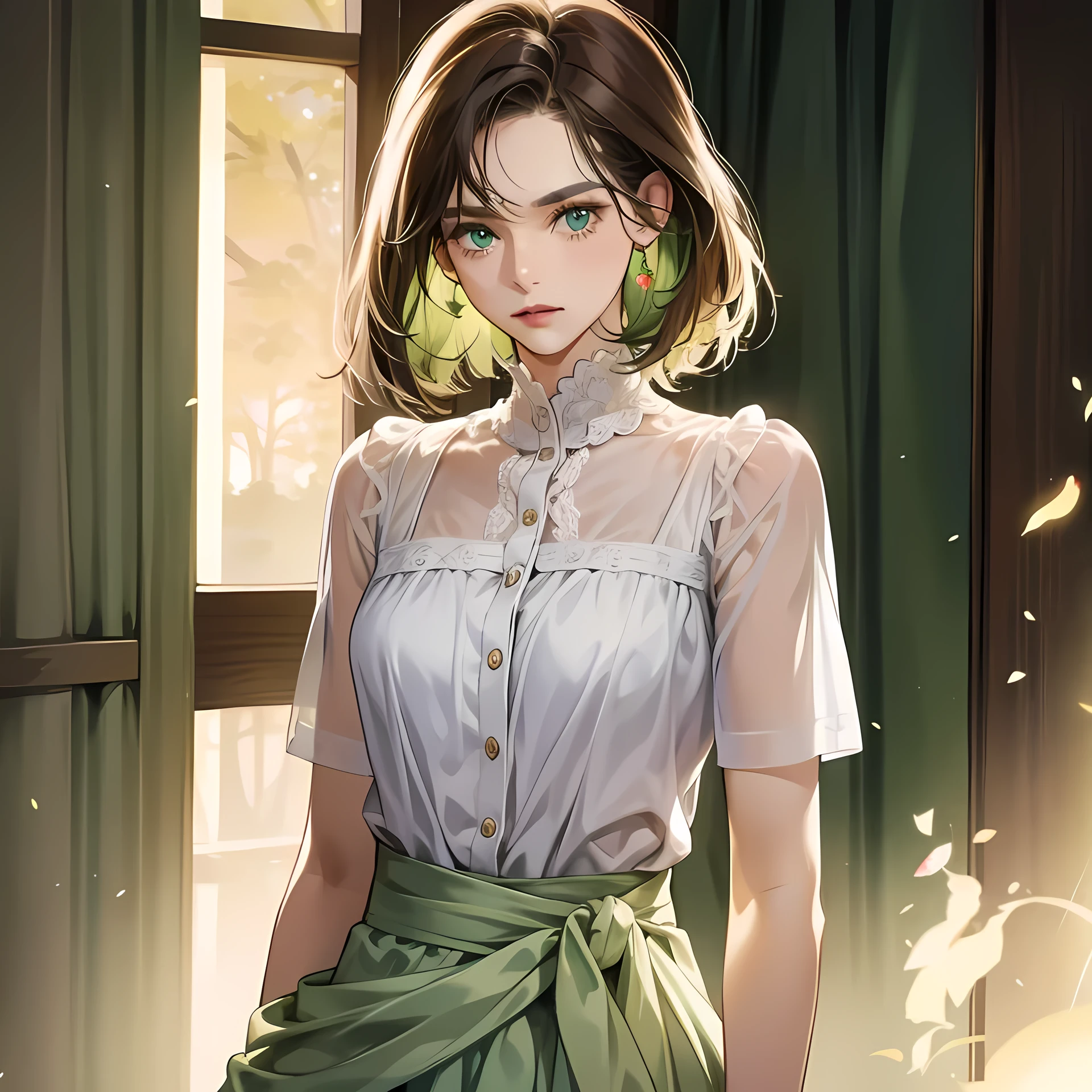 standing, till waist, Masterpiece, high quality, best quality, HD, realistic, perfect lighting, perfect body, 1 man, green eyes, medium hair, dark brown Hair, glowing, white shirt, set background, {perfect face, perfect body proportions}, [[[looking at the viewer]]], ((perfect green eyes)), sad, extremely sad, upset [[very sad]], ((facing the viewer))