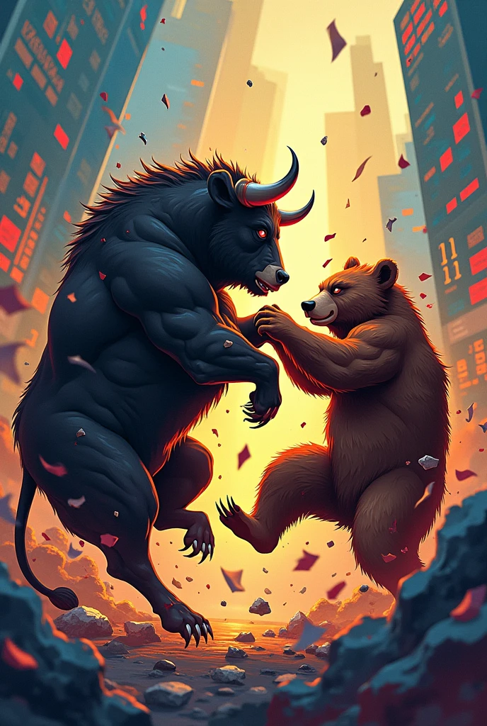 Create a bear bull market age with a cartoon