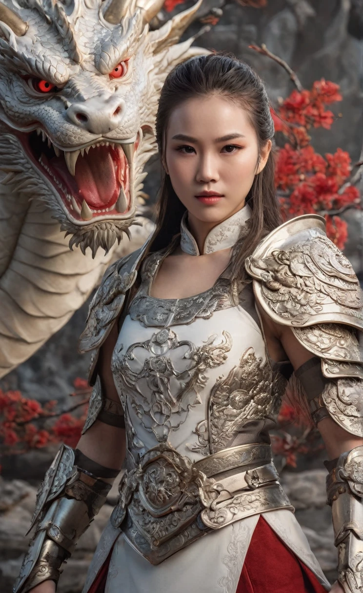 Ultra-high resolution，High-resolution details，photo (Female warrior with Chinese dragon in the background), full-body shot，20 years old woman，delicate and pretty，White skin，Heavy makeup，Very detailed, 8K, illustration, Concept Art, Clear focus, Volumetric Lighting, Epic creation