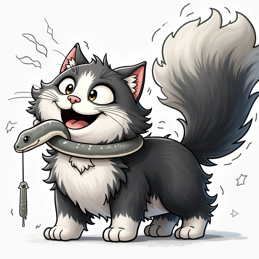 a  smiling cat is walking, a dead snake is hanging from its mouth, a white  chalk drawing on a black background, a fluffy tail raised up