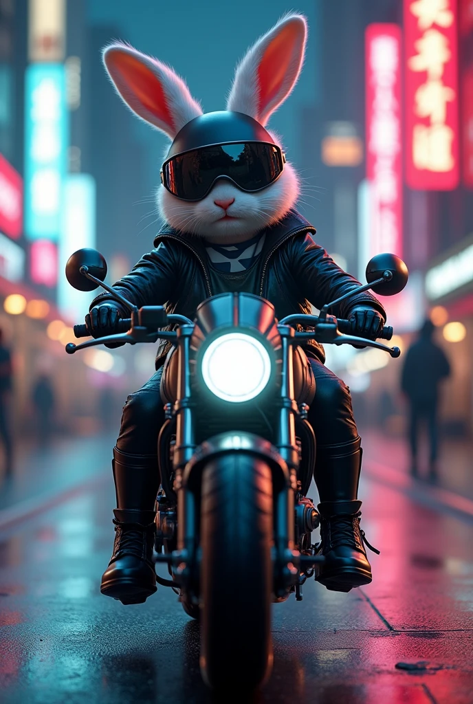 Cute and detailed little white rabbit riding a high-tech motorcycle, Sideways high-tech hat, wearing black leather jacket and black one-piece leather armor, Long black leather gloves, Black boots, Cyberpunk town at night, (Cyberpunk theme),

                (masterpiece, best quality, 8k, Sharp focus, Limit depth for writing, Best shadow, Perfect light, High Dynamic Range, Realistic skin texture, Ultra detailed background), Wide-angle lens