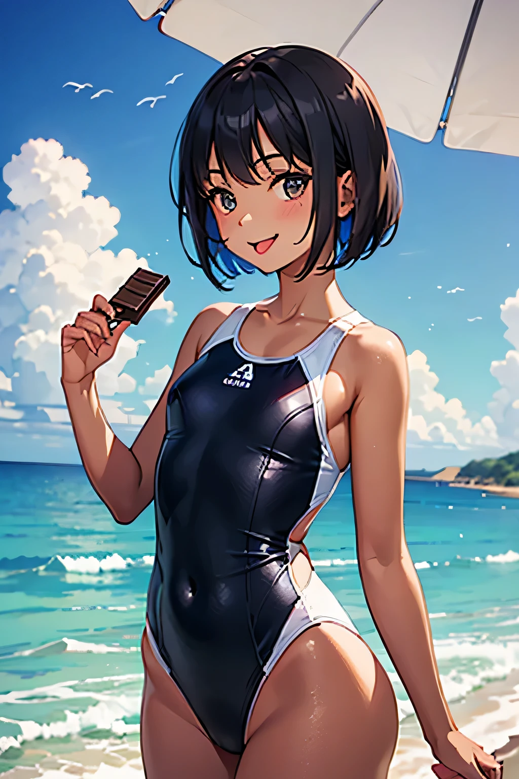 Ocean，Young Woman，Height 175cm，Are standing，Small Head，smile，Eating ice cream，Open your mouth，Sticking out tongue，short hair，Black Hair，(White swimsuit)，(Chocolate brown skin).