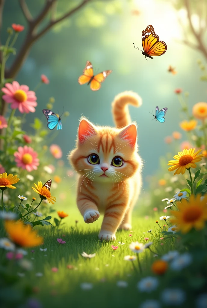 "In the garden, Whiskers saw a group of colorful butterflies fluttering around the flowers. Entranced, she chased after them, her little paws padding softly on the grass."