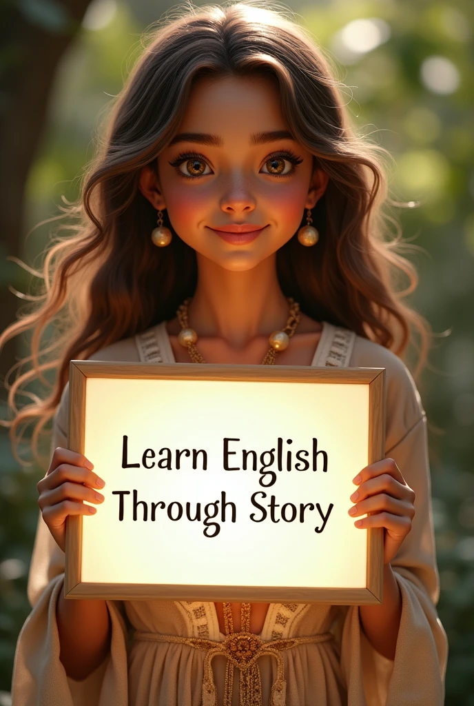 Beautiful girl with heart-warming smile and wavy long hair, bohemian dress, holding a white board with text "learn English Through Story" and showing it to the viewer, the board is glowing with a the text,Different quality girl.