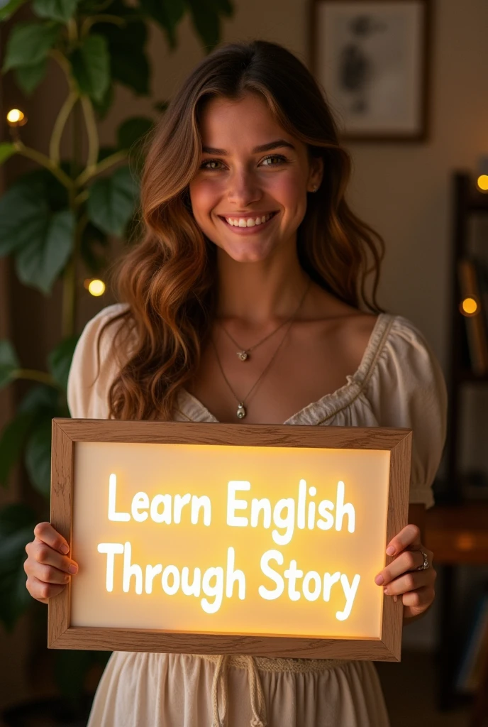 Beautiful girl with heart-warming smile and wavy long hair, bohemian dress, holding a white board with text "learn English Through Story" and showing it to the viewer, the board is glowing with a the text.Different quality girl.