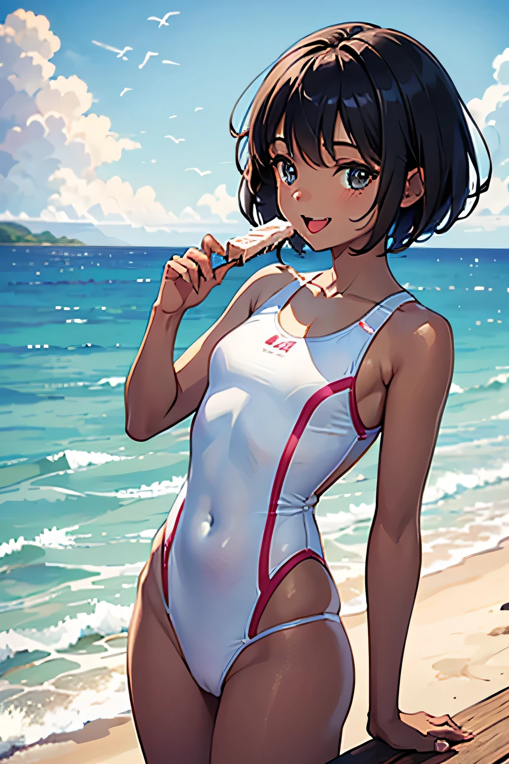 Ocean,Young Woman,Height 175cm,Are standing,Small Head,smile,Eating ice cream,Open your mouth,Sticking out tongue,short hair,Black Hair,(White swimsuit),(Chocolate brown skin).