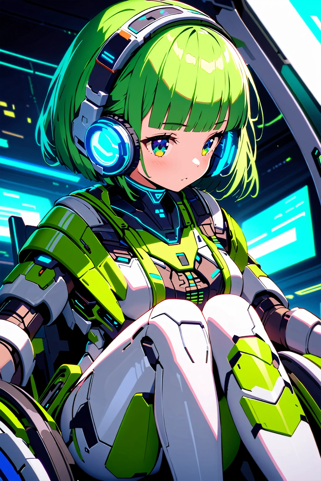 (extremely detailed fine touch:1.3), (((Futuristic eyewear:1.3))), (wear headphones around:1.0), green short hair, blunt bangs, beautiful android girl, solo, sitting on Machine turtle, Futuristic Art,