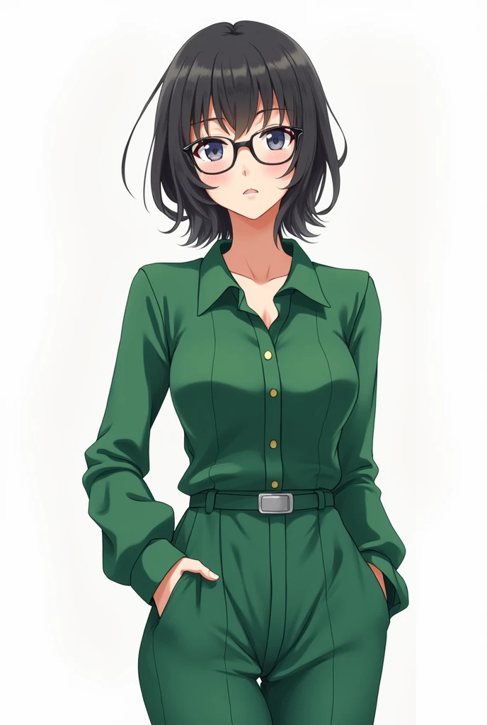 The background is white, and the girl is an anime-style girl wearing glasses and a green long-sleeved jumpsuit with a collar, and her breasts are slightly visible.