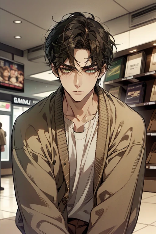 masterpiece, best quality, realistic, 1man, mature male, quiet and charming young man, 35 years old, close his eyes, ((soft smile)), closed mouth, extremely detailed face, a little distant, ((dark green eyes)), ((short-side-swept sandy black hair)), [thick eyebrows], (caramel cardigan and brown trousers), (waiting in front of the store)