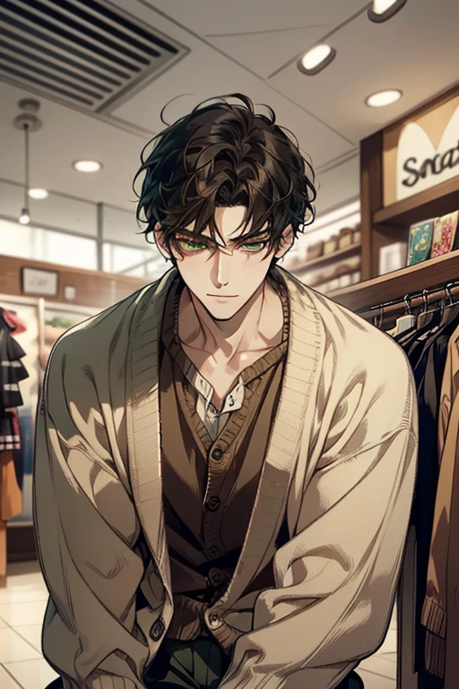 masterpiece, best quality, realistic, 1man, mature male, quiet and charming young man, 35 years old, close his eyes, ((soft smile)), closed mouth, extremely detailed face, a little distant, ((dark green eyes)), ((short-side-swept sandy black hair)), [thick eyebrows], (caramel cardigan and brown trousers), (waiting in front of the store)