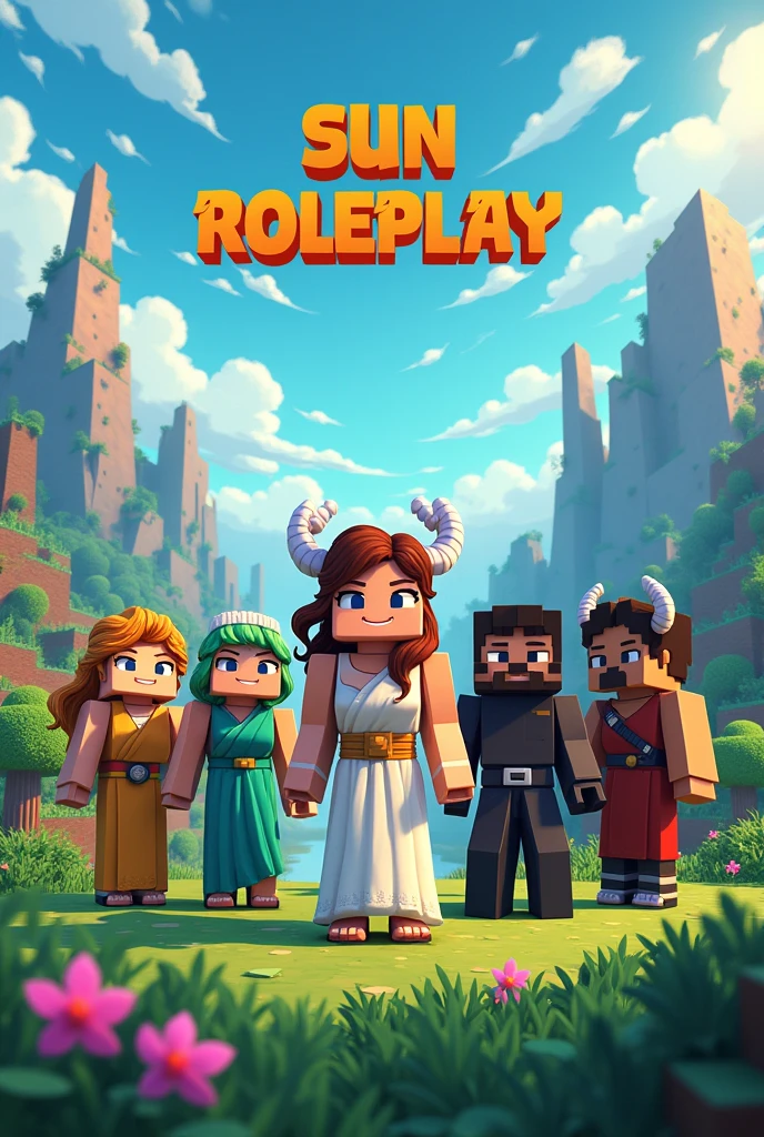 Create an image with characters that have Demeter, Eris, Ares, Pluto and Thanatos that are in the minecraft style and say Sun Roleplay