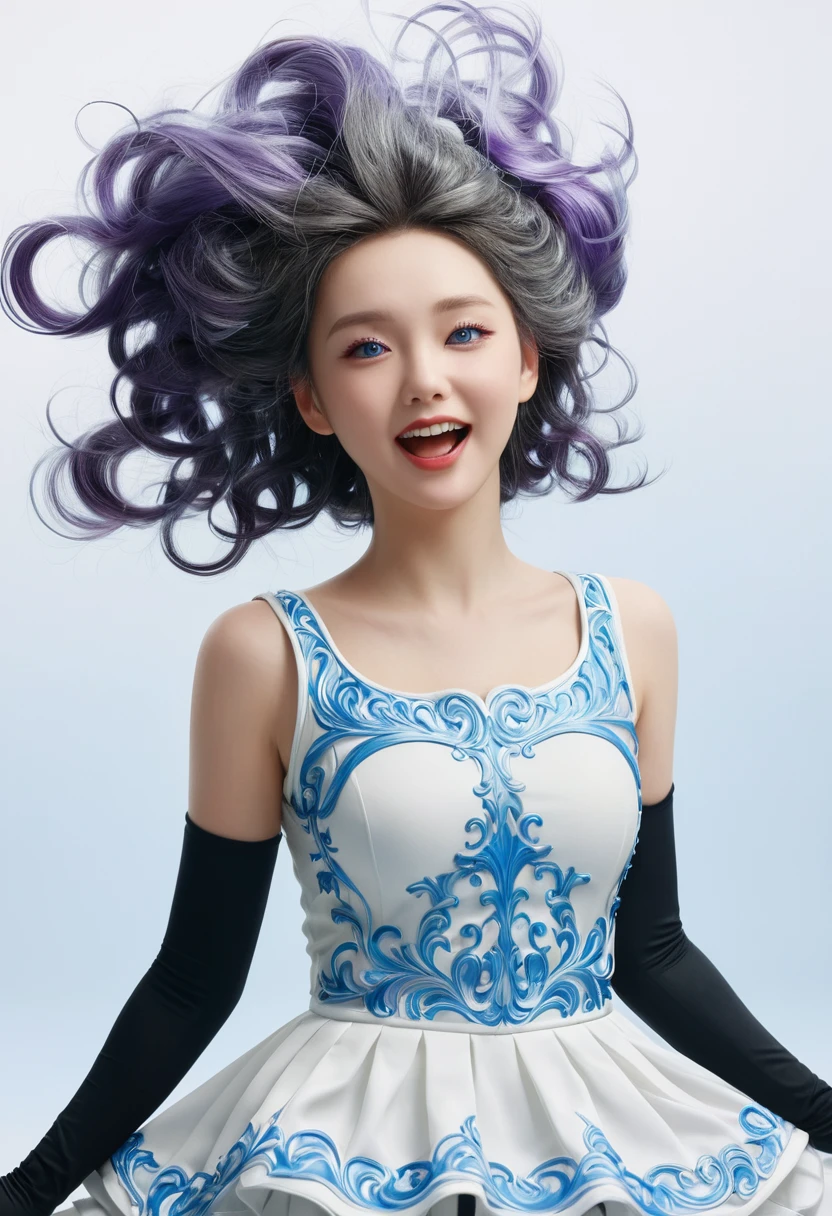 korean,realistic, masterpiece, final details, photo realistic, intricate details, octane rendering, 8k, 1 girl, perfect face, pretty face, NSW Sports Federation, Slot Reference, detailed hair,, black curtsey, black Gloves, black legs, blue eyes, blue hair, curtsey, clavicle, skirt, Drilling hair, flounce, flounce, Gloves, Gwen, headskirt, high resolution, long hair, open your mouth, puff sleeves, purple eyes, laugh, lonely, white skirt, oily skin,