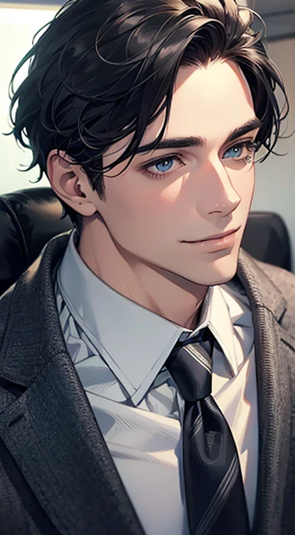 (Highest quality,4K,8K,High resolution,masterpiece:1.2),Super detailed,(Realistic,photoRealistic,photo-Realistic:1.37),1 person,31 years old,Mature Man,Beautiful skin、Profile、very handsome,Expressionless,smile,Short gray black hair,blue eyes,Sharp Eyes,A perfect face without a doubt,Businessman,Office Background,Cinema Lighting,HDR image,tie.