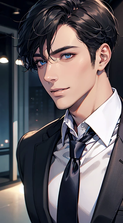 (Highest quality,4K,8K,High resolution,masterpiece:1.2),Super detailed,(Realistic,photoRealistic,photo-Realistic:1.37),1 person,31 years old,Mature Man,Beautiful skin、Profile、very handsome,Expressionless,smile,Short gray black hair,blue eyes,Sharp Eyes,A perfect face without a doubt,Businessman,Office Background,Cinema Lighting,HDR image,tie.