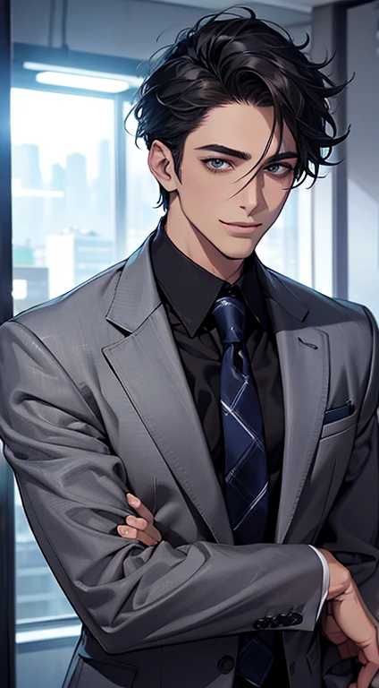 (Highest quality,4K,8K,High resolution,masterpiece:1.2),Super detailed,(Realistic,photoRealistic,photo-Realistic:1.37),1 person,31 years old,Mature Man,Beautiful skin、Profile、very handsome,Expressionless,smile,Short gray black hair,blue eyes,Sharp Eyes,A perfect face without a doubt,Businessman,Office Background,Cinema Lighting,HDR image,tie.