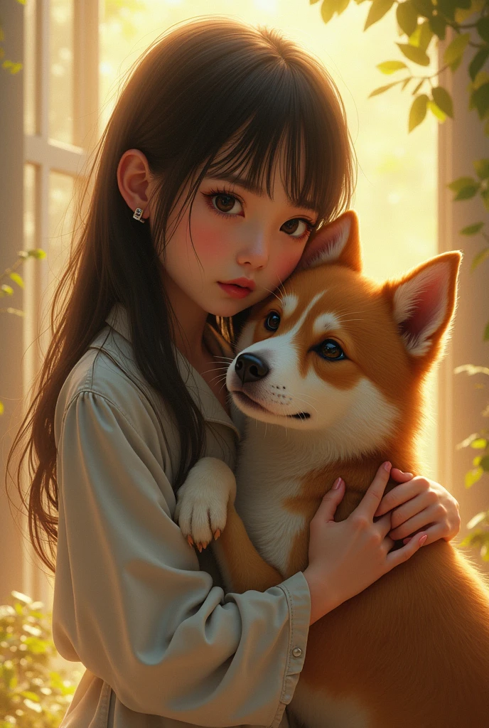(Details of a very cute face), (Highest quality:1.4), 8k resolution, High resolution, One girl, cute , best cute, Super cute detailed face, Smooth Skin, Beautiful eyes in every detail, Official portraiture, Fine skin, Apply gloss to your lips, Lips parted, Japanese, Casual Fashion, Smile, wariza, Shiba Inu puppy, Holding a Shiba Inu puppy, Shiba Inu licks a girl's cheek
