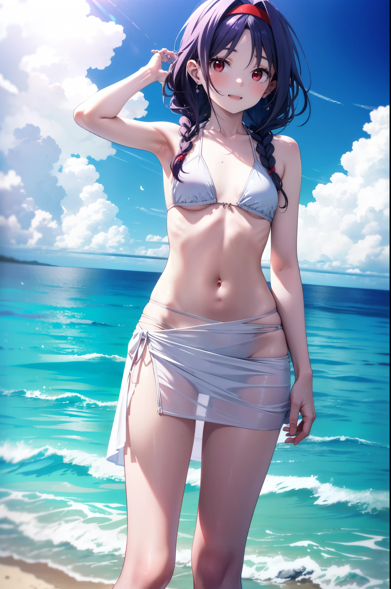 yuukikonno, Yuuki Konno, hair band, Long, thick braids, Pointed Ears, Purple Hair, (Red eyes:1.5), (Small breasts:1.2), smile,blush,Open your mouth,Purple bikini string swimsuit,Pareo Swimsuit,Belly button,A thin long skirt is wrapped around her waist,barefoot,Water Play,Daytime,Clear skies,True Summer,whole bodyがイラストに入るように,Sandy Beachを散歩している,
break looking at viewer, whole body, (Cowboy Shot:1. 5),
break outdoors, Beach,Sandy Beach,
break (masterpiece:1.2), Highest quality, High resolution, unity 8k wallpaper, (figure:0.8), (Beautiful attention to detail:1.6), Highly detailed face, Perfect lighting, Highly detailed CG, (Perfect hands, Perfect Anatomy),