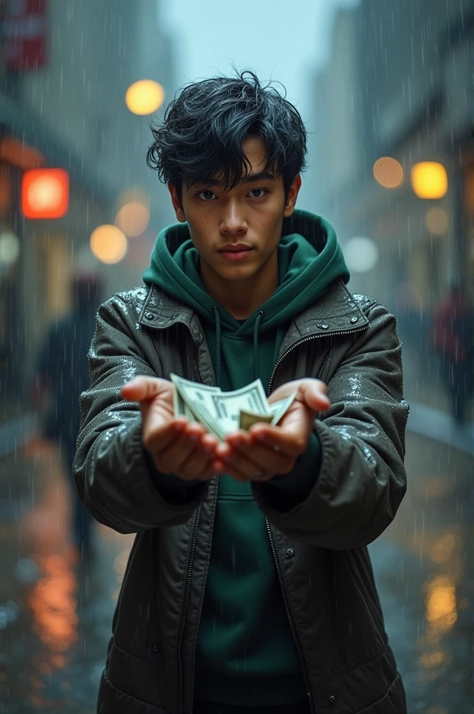 A adult boy looking forward in rain money in two hands