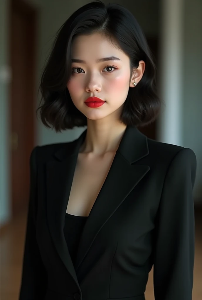 
A beautiful 18 year old girl who is from the village and is wearing a black suit and red lipstick