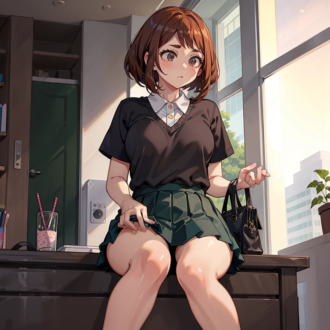 ((Uraraka Ochako)), ​masterpiece, sitting, office background, minimalist art, detailded, meticulous art, No defects, character focus, cenário detailded, body providing, beautiful  face, Body cute, animated cartoon, arte anime, perfect art, perfectionism, (1 girl), (standing alone), (((Maximum quality))), (adult  woman), ((secretary clothes)) social shirt, short black skirt, sitting em uma cadeira de escritório,, seducing, sexly, nice legs, legs showing, ((legs showing))