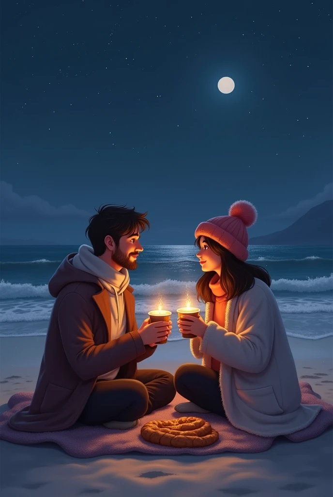 I would like to create an image where a couple of friends can be seen (man and woman), sitting looking at the beach while drinking a coffee with chipa during the cold night, sharing a blanket which covers them