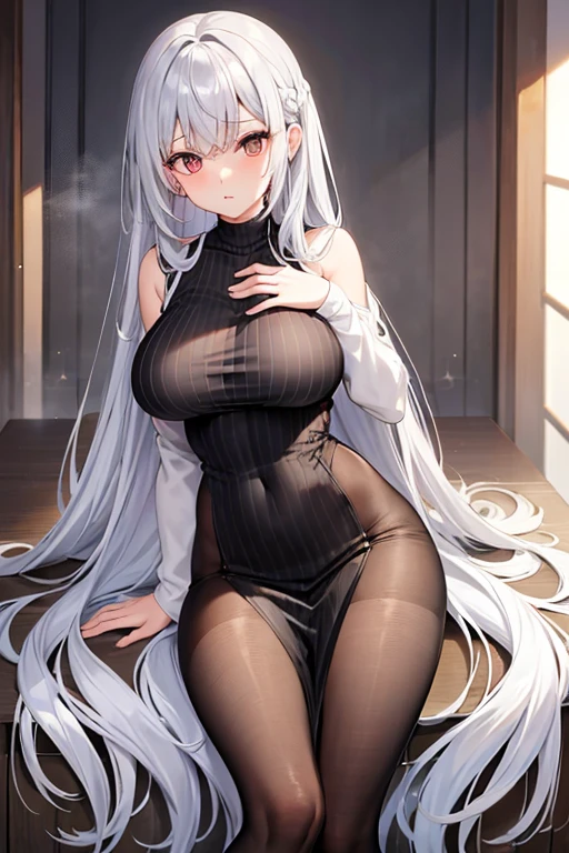 Big Breasts、long hair、Silver Hair、No sleeve、Vertical knitwear、Black Pantyhose、Long, slender legs、Emphasize the chest、whole body、High resolution、masterpiece、Highest quality、High-resolution model