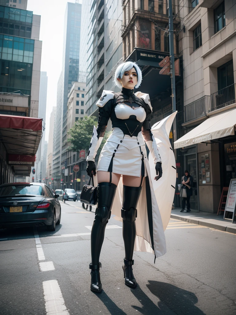 nspired,masterpieceabadon city,2b,nier automata, mecha armor, realistic, ,white suit,mecha leg,neon suit,detailed white skirt,mecha wing,