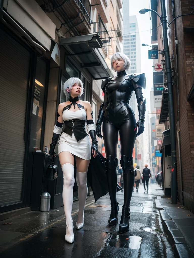 nspired,masterpieceabadon city,2b,nier automata, mecha armor, realistic, ,white suit,mecha leg,neon suit,detailed white skirt,mecha wing,