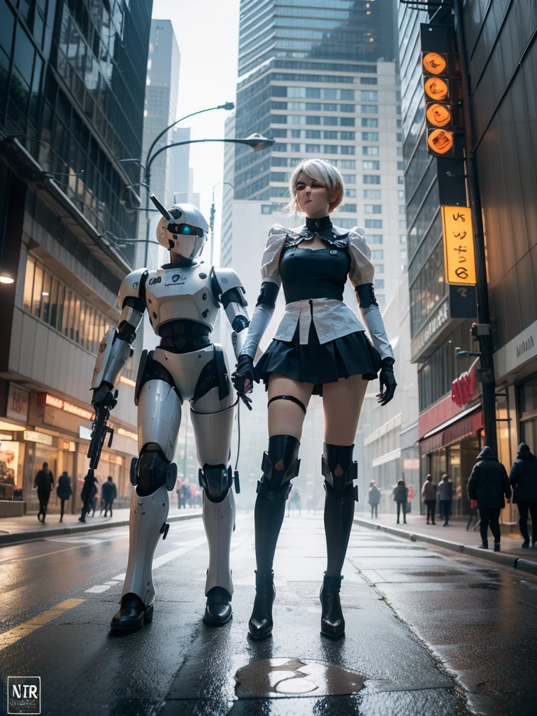 nspired,masterpieceabadon city,2b,nier automata, mecha armor, realistic, ,white suit,mecha leg,neon suit,detailed white skirt,mecha wing,