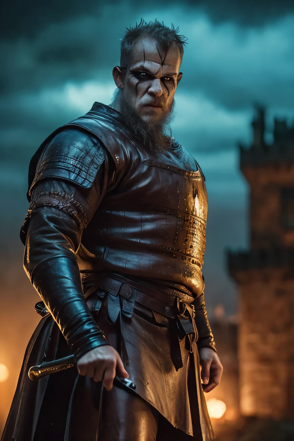 Hyper realistic, ultra detailed, cinematic posterof Floki a viking warrior, old man, 50 years old, black makeup on eyes, beard, ((action scene)), in dynamic pose, ((night, rain fall)) , ultra realistic, skin texture, cinematic lighting. (((Cinematic medieval castle and thunder background))) .