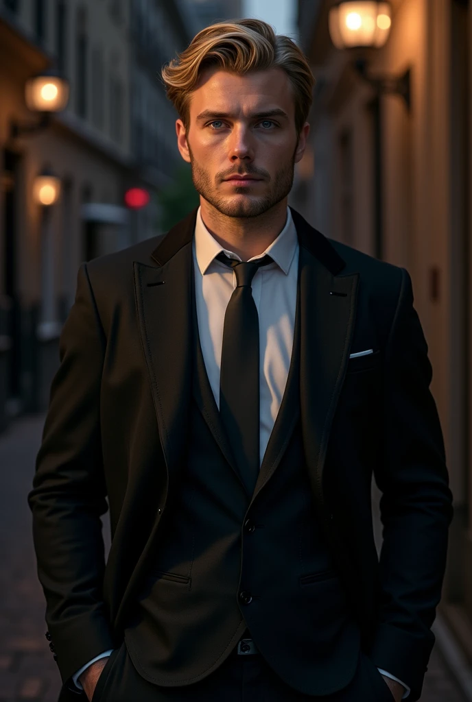 (photorealism:1.2), A man, 30 years, blonde short hair, blue eyes, well dressed, executive, pleasant, very handsome, ventrue vampire, evening, masterpiece
