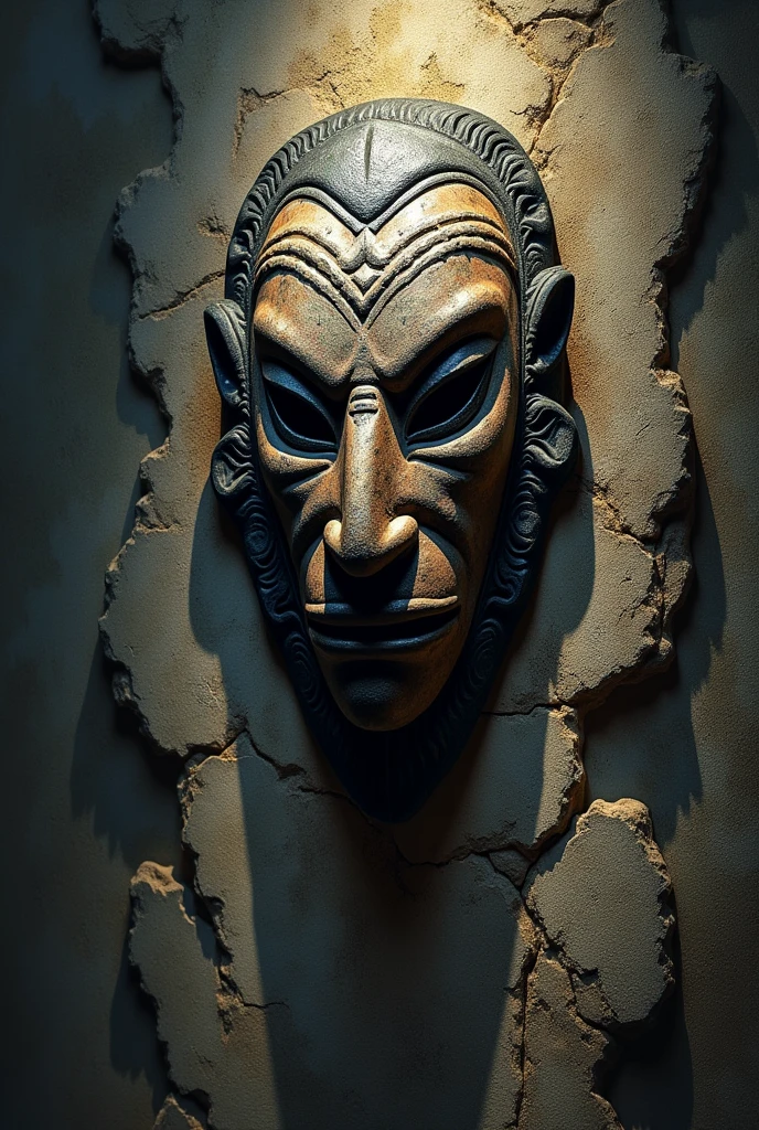 Un masque tribal ancien, accroché à un mur de pierre, avec des ombres animées qui semblent l'entourer.