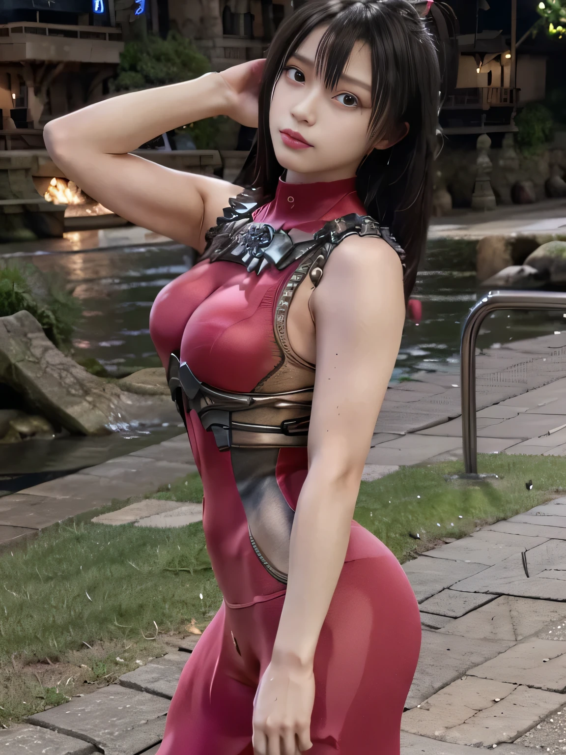 20 year old Japanese beauty,One person、Muscles like a bodybuilder、Emphasize the breasts、Slit eyes、A head-to-toe view,Bust is very very large、The background is the arena、High quality photos、Clear, crisp images of the lower body、Masterpiece 8k、Face of the upper eye、Has a kunai、Clothes that emphasize the crotch、Wearing glasses、TAKI from Soul Calibur
