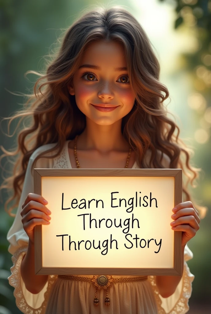 Beautiful girl with heart-warming smile and wavy long hair, bohemian dress, holding a white board with text "learn English Through Story" and showing it to the viewer, the board is glowing with a the text,Different quality girl.
