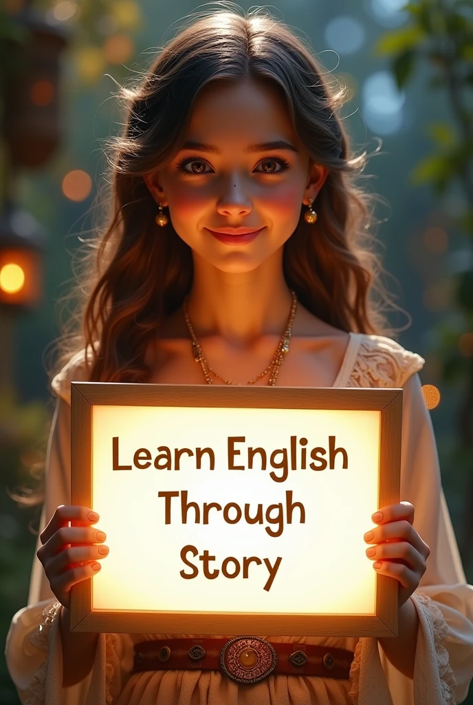 Beautiful girl with heart-warming smile and wavy long hair, bohemian dress, holding a white board with text "learn English Through Story" and showing it to the viewer, the board is glowing with a the text.Different quality girl.