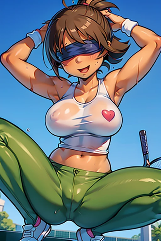 tennis girl's massive nipples out of topless vest out bare and wet pants spreading her legs, gloved hands hidden behind head, blindfold