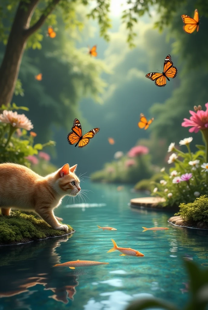 "The butterflies led Whiskers to a hidden part of the garden where she discovered a secret pond. The water was crystal clear, and fish with shimmering scales darted beneath the surface."