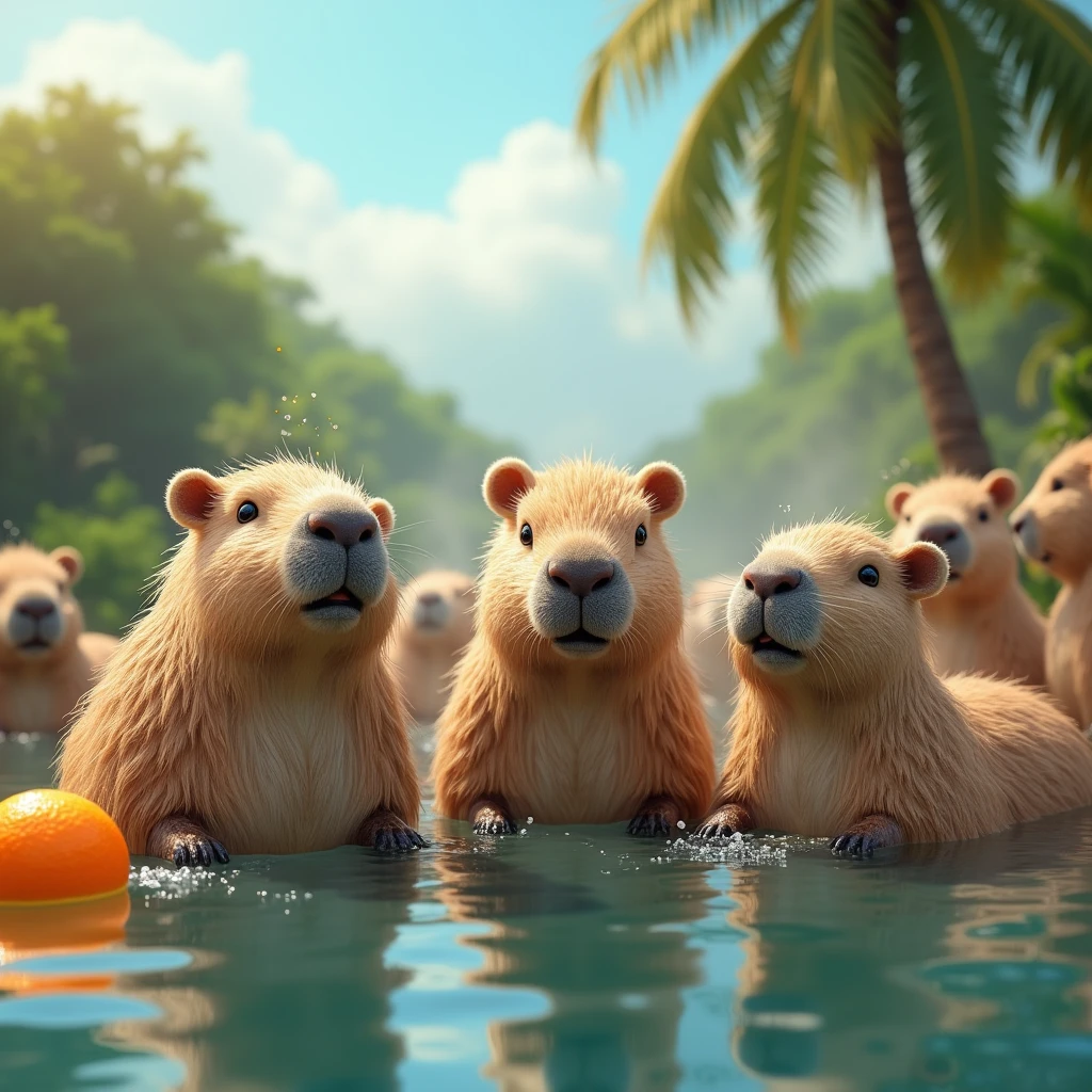 (Highest quality,4K,8k,High resolution,masterpiece:1.2),Very detailed,(Realistic,photoRealistic,photo-Realistic:1.37),There are several capybaras in the natural hot spring, Orange floating on water,Water droplets on fur,Dappled sunny lighting,Clear blue sky,Relaxed and peaceful atmosphere,A close-up of a capybara&#39;s face and expression,A playful exchange between capybaras,Fluffy and well-groomed fur,Steam rising from the hot springs,Lush greenery surrounding the hot springs,Capybara and orange reflected on the water surface,Attractive and warm colors,Has a refreshing and citrus scent,Palm tree in the background,Water splashes as the capybara moves.,Glowing water droplets,Quiet and peaceful environment,A faint hint of fog,Crystal clear water,smooth and Realistic textures,Lush and vibrant landscape,Nature and wildlife in harmony,High energy and fun atmosphere.