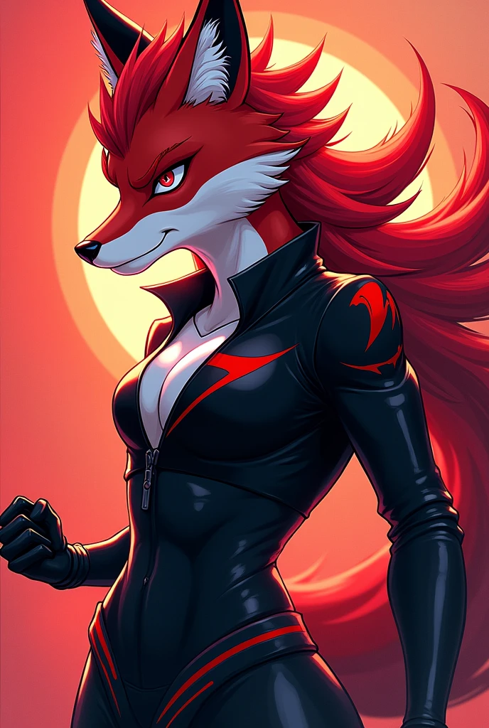 generate a Demon Slayer anime style character, half human half fox in vibrant red black and white colors I want an e-Sports team mascot