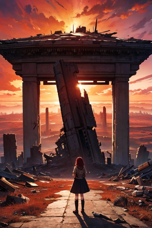 Highest quality、masterpiece、Desolate Earth、wreckage、Red Sky、Surrealism