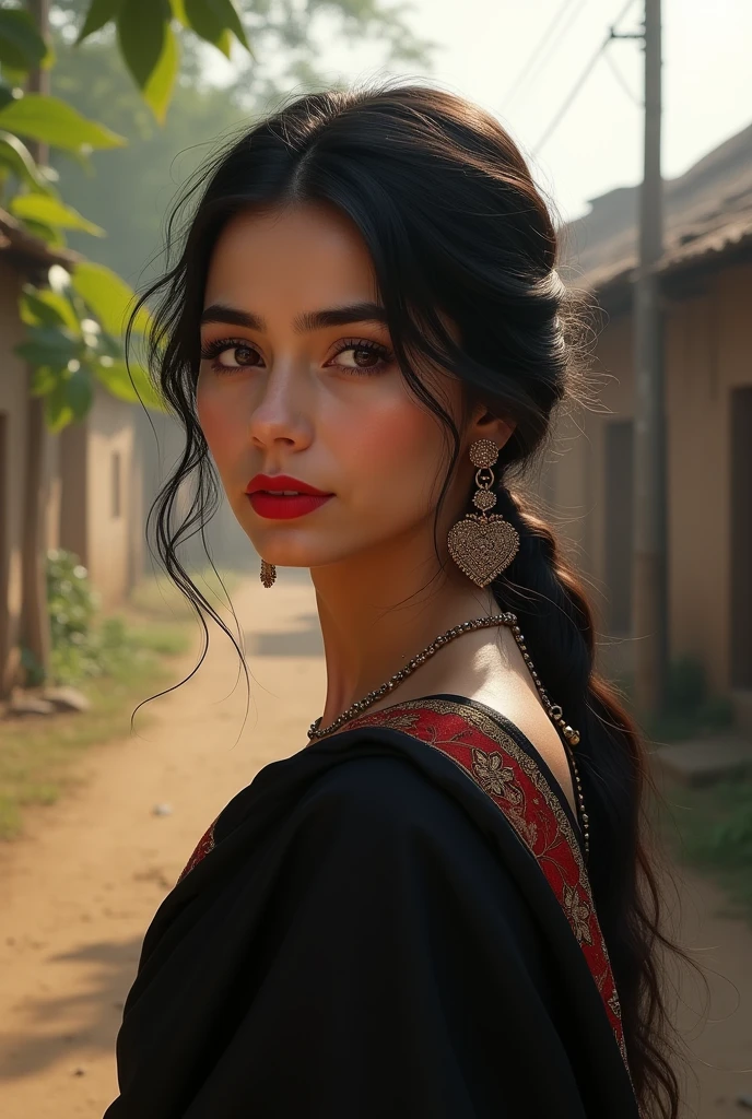 18 year old girl who is from the village and is wearing a black salwar suit and red lipstick