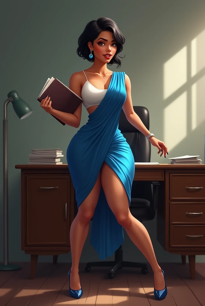 She is a personal assistant. She has a black short hair. She is curvy skinny tan color girl. Her tits are normal in size. Her dress color is blue and white. Her earing are small and simple. She wears a wrist watch in her left hand. She is standing near the desk holding her files in her hands. She is so horny and she is so hot. She is posing in a more hotter way with legs are wide and open. She is so sexy. She is wearing a saree with a deepcut
