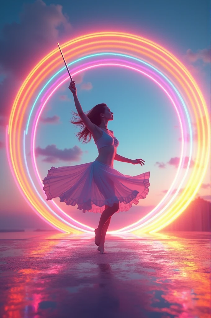 A baton twirling baton surrounded by a rainbow