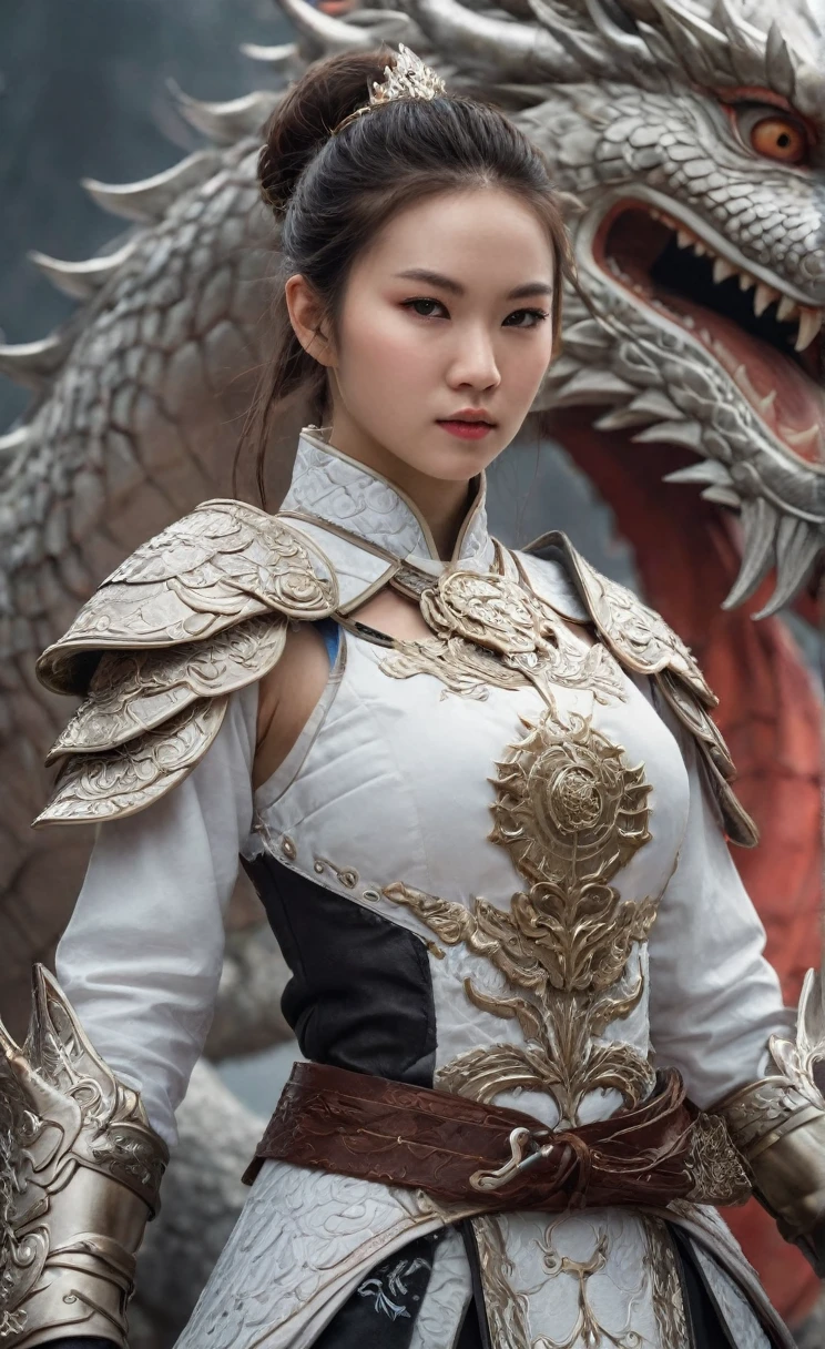 Ultra-high resolution,High-resolution details,photo (Female warrior with Chinese dragon in the background), full-body shot,20 years old woman,delicate and pretty,White skin,Heavy makeup,Very detailed, 8K, illustration, Concept Art, Clear focus, Volumetric Lighting, Epic creation