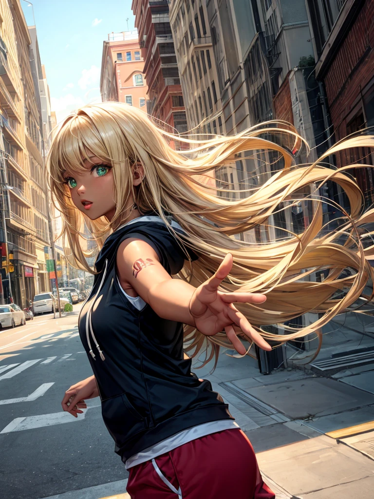 hight resolution, top-quality, ultra-quality, The ultra-detailliert, lighting like a movie. Beautiful expression, open arms, Brown skin, Black skin, Black skin, a blond, blonde hair long hair, green inner hair, Lots of hair. Arms outstretched. Long T-shirt, Hooded hoodie. The tattoo, in a real town. Realistic cityscape