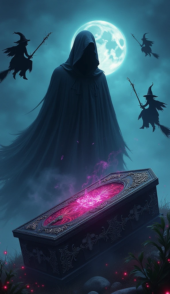 There is a title "Grave Walker" over the fantasy coffin. There is a night background of the title. Witches flying in the sky on their flying brooms. Magic is spreading at the background. Title "Grave Walker" is written with some magic colours.