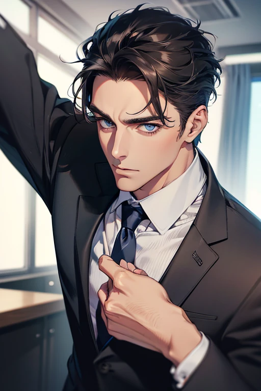 (Best Quality,4k,8k,high resolution,Masterpiece:1.2),ultra detailed,(realist,photorealist,photo-realist:1.37),1 man,31 years,mature man,very handsome,without expresion,muscled body,short gray black hair,Blue eyes,glare,perfect face without mistakes,imposing posture,businessman,office background,cinematic lighting,imagen HDR