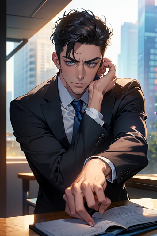 (Best Quality,4k,8k,high resolution,Masterpiece:1.2),ultra detailed,(realist,photorealist,photo-realist:1.37),1 man,31 years,mature man,very handsome,without expresion,muscled body,short gray black hair,Blue eyes,glare,perfect face without mistakes,imposing posture,businessman,office background,cinematic lighting,imagen HDR