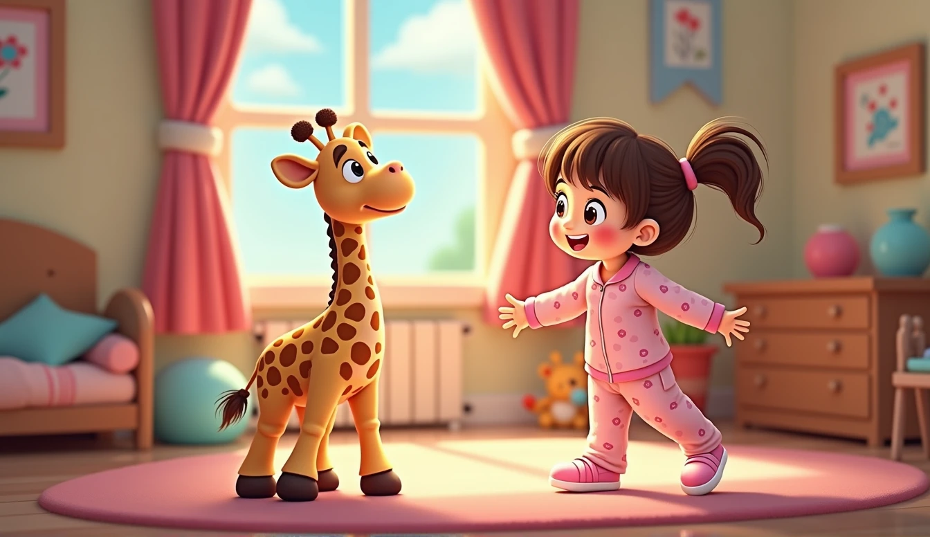 Little cartoon girl in pink pajamas standing near plush giraffe toy, in my children&#39;s room